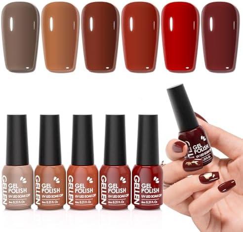 GELLEN Gel Nail Polish Brown Red, Fall Winter Gel Polish, Cure With UV Light, Glossy, No Wipe, Soak Off, Long Lasting, Non-toxic, Self-leveling, Full Coverage, For Finger Toe Nails Home Salon