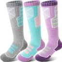 Anlisim Kids Merino Wool Ski Socks 3 Pairs Girls Boys Thermal Winter Warm Thick Breathable Socks for Skiing Snowboarding (8-12 Years, Purple/Green/Grey)
