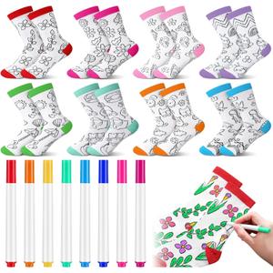 Glitopper Kids Doodle Socks, Color Your Own Socks 8 Pairs and 8 Fabric Pen for Coloring, Kid Drawing DIY Crafts Art Gifts (M)