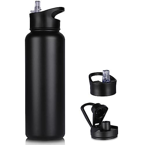 40 oz Insulated Water Bottle with Straw, Stainless Steel Sports Water Bottles with 2 Lids (Straw and Wide Mouth lid), Double Wall Vacuum, Leakproof, BPA-Free, Black