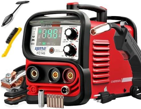 HONE MIG Welder Machine, Actual 145Amp 110V/220V Dual Voltage Flux Core Welder, 3 in 1 Synergic Gasless wire MIG/Stick Welder/Lift TIG Welding Machine, IGBT Inverter with LCD Display Portable Welder.