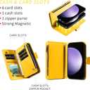 Compatible with Samsung Galaxy S23 FE 5G Wallet Case Zipper Cell and Tempered Glass Screen Protector Crossbody Strap Glitter Flip Card Holder Phone Cover for S 23 EF S23FE 23S Women Yellow
