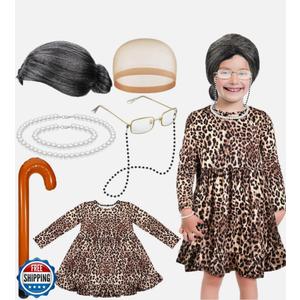 Yaomiao 8 Pcs 100 Days of School Costume for Kids Girls Old Lady Costume Grandma Granny Old People Outfit for Kids Girls 4-5Y