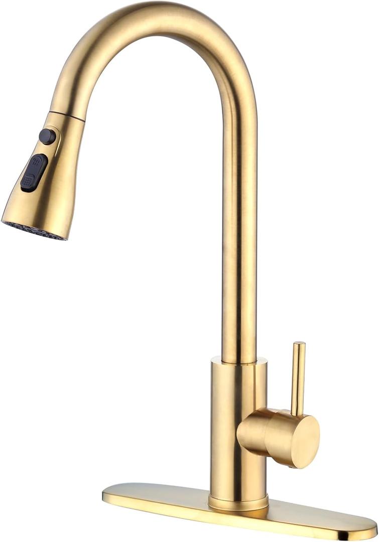 Brushed Gold Kitchen Faucet with Pull Down Sprayer, High Arc Single Hole Stainless Steel Kitchen Sink Faucet with 3-Function Sprayer, for Farmhouse Camper Laundry Rv Bar, CL001-SG