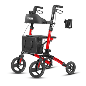 Foldable Rollator Walker with 10” Front Rubber Wheels, All-Terrain Rollator Walker with Seat, Adjustable Backrest and Handles, 350 Lb, Cup Holder, Lightweight 4 Wheel for Seniors Red