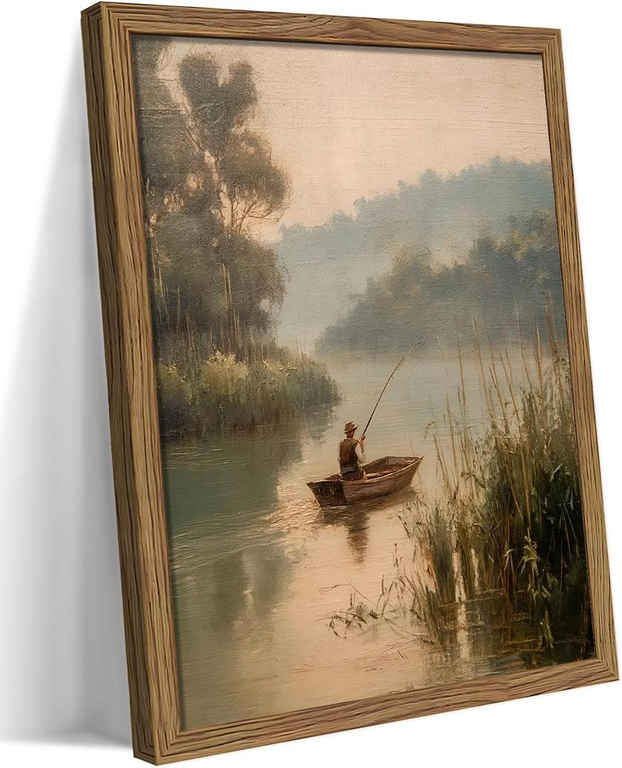 Wood Framed Vintage Fishing Wall Art, Country Fisherman Landscape Canvas Wall Decor Paintings, Retro Country Farmhouse Posters Prints Pictures for Boy Room Bedroom Living Room Home Decor 16x24 Inch