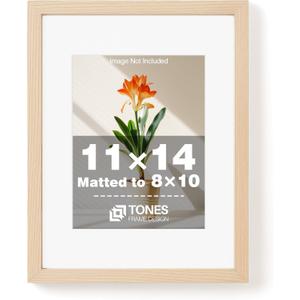 TONES FRAME DESIGN 11x14 Picture Frame Natural Wooden Frame with 8x10 Mat, 11x14 Frames Solid Wood Veneer 11 x 14 Picture Frames with Shatterproof Plexiglass for Poster Gallery Wall Home Decor