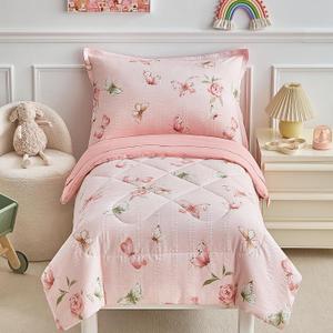 DuShow Pink Butterfly Toddler Bedding Set for Girl, 4 Pieces Toddler Bed Set, Jacquard Seersucker Toddler Comforter Set, Includes Comforter, Flat Sheet, Fitted Sheet and Pillowcase