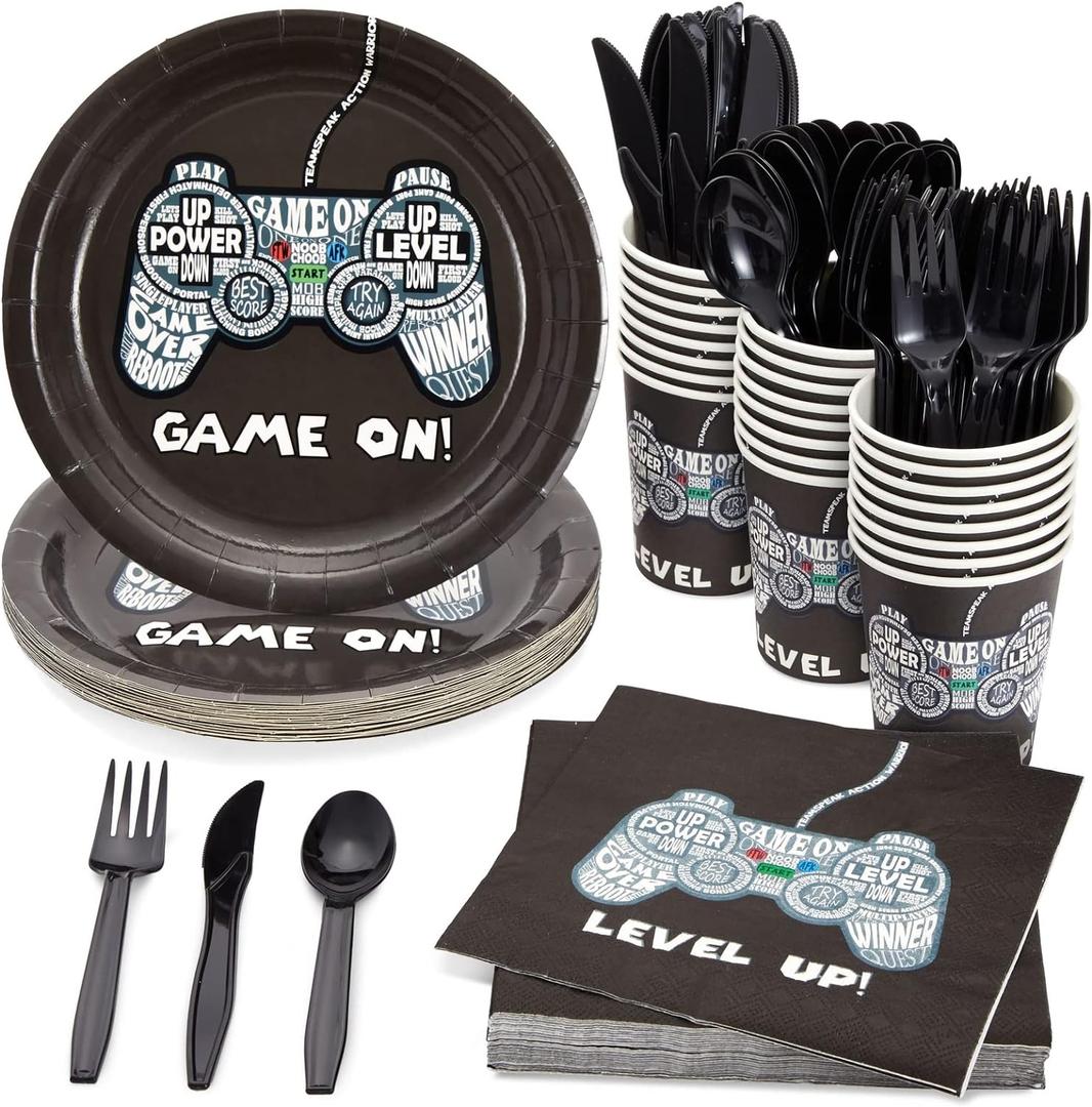 144 Piece Video Game Party Supplies Set, Serves 24 Includes Plates, Napkins, Cups, Cutlery  Video Game Birthday Decorations for Gamers & Themed Parties Decorations