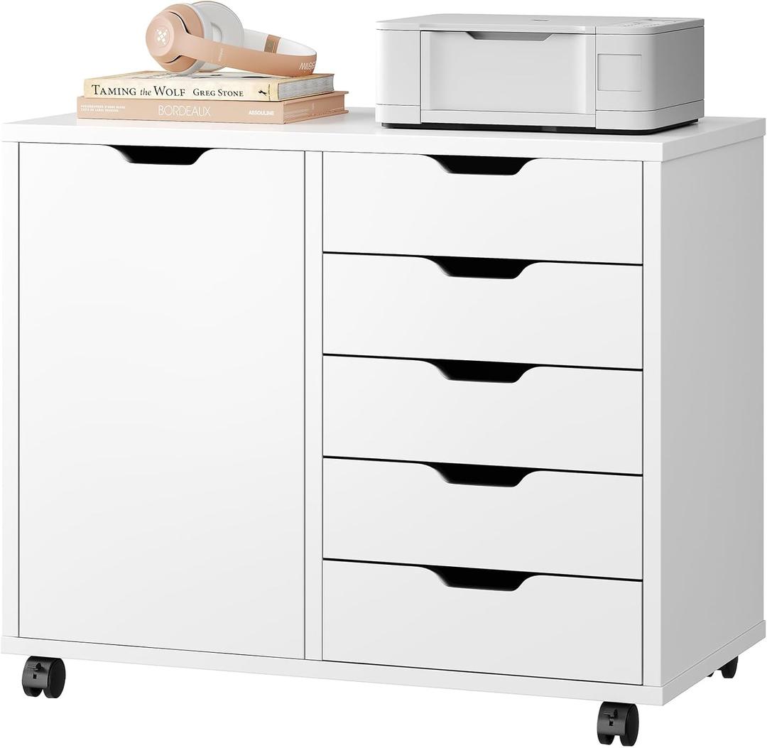 DUMOS 5 Drawer File Cabinet Office Drawers Organizer with Wheels Rolliing, Under Desk Cabinets with Shelves and Door Printer Stand with Wood Board Metal Frame for Home Office Storage Craft Room, White, 30.7 25.2 15.7