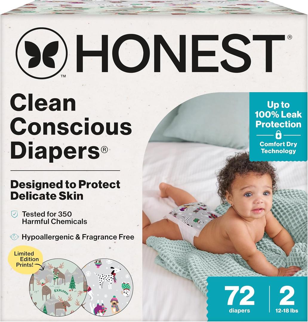 The Honest Company Clean Conscious Diapers for Delicate Skin | Up to 100% Leakproof | Hypoallergenic, Fragrance Free | Winter '25 Limited Edition Prints | Club Box, Size 2 (12-18 lbs), 72 Count