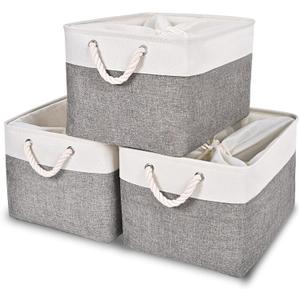 HOdo Home 15.811.89.5 In/3PCS Storage Bins, Fabric Bin with Drawstring Closure and 2 Bold Handles, Collapsible Large Canvas Baskets for Organizing Shelf Nursery Home Closet (White and Grey)