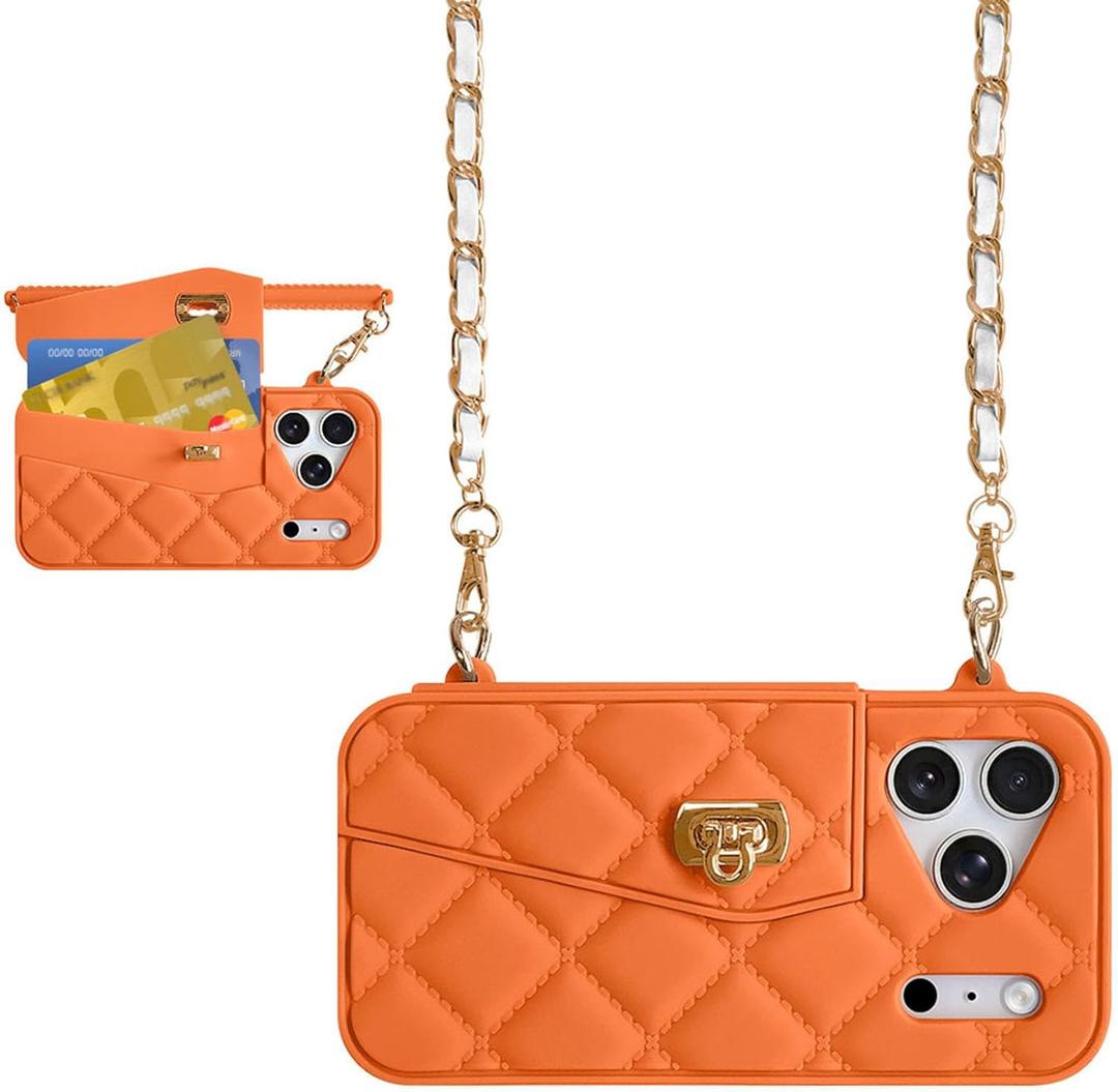 UnnFiko Wallet Phone Case Compatible with iPhone 17 Pro Max, Cute Light Luxury Bag Design, Purse Flip Card Pouch Cover Soft Silicone Case with Handstrap Long Shoulder Strap (Orange, iPhone 17 Pro Max)