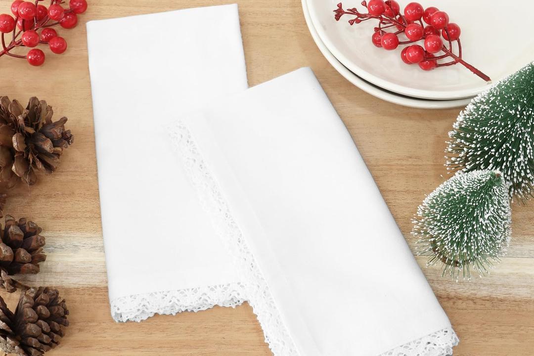 PurpleEssences White Cloth Napkins with Lace, 18x18 Inch Christmas Holiday Winter Table Decor Cotton Napkins, Set of 4 Reusable Fabric Napkins, Washable Cloth Dinner Napkins, White Edges