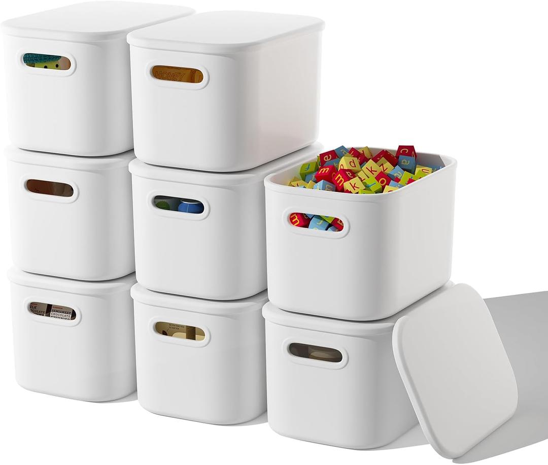 ORGIDOL 8 Pack White Storage Bins with Lids Stackable Storage Container for Organizing, Storage Boxes with Handle for Shelves, Cute Storage Bin for Craft, Snacks, 9.85x6.9x5.7 inch