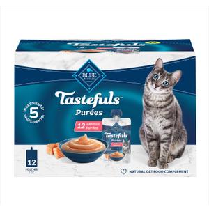 Blue Buffalo Tastefuls Purees Salmon Cat Food Topper, 3 oz, 12 ct | Resealable Twist Cap, Serve Over Food or as a Snack, Cat Food Complement (EXP 10/10/27)