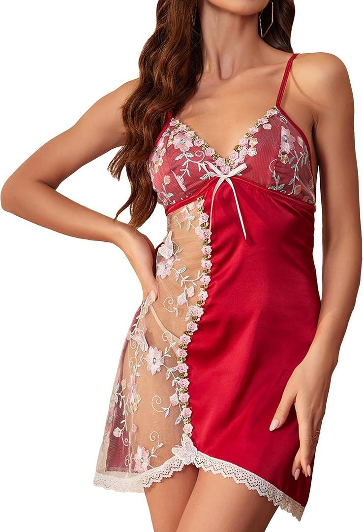 RoseSeek Women's Mesh Floral Embroidery Lace Trim Sheer Chemise Sleep Dresses Babydoll Nightgown Satin Slip Dress (Red, S)