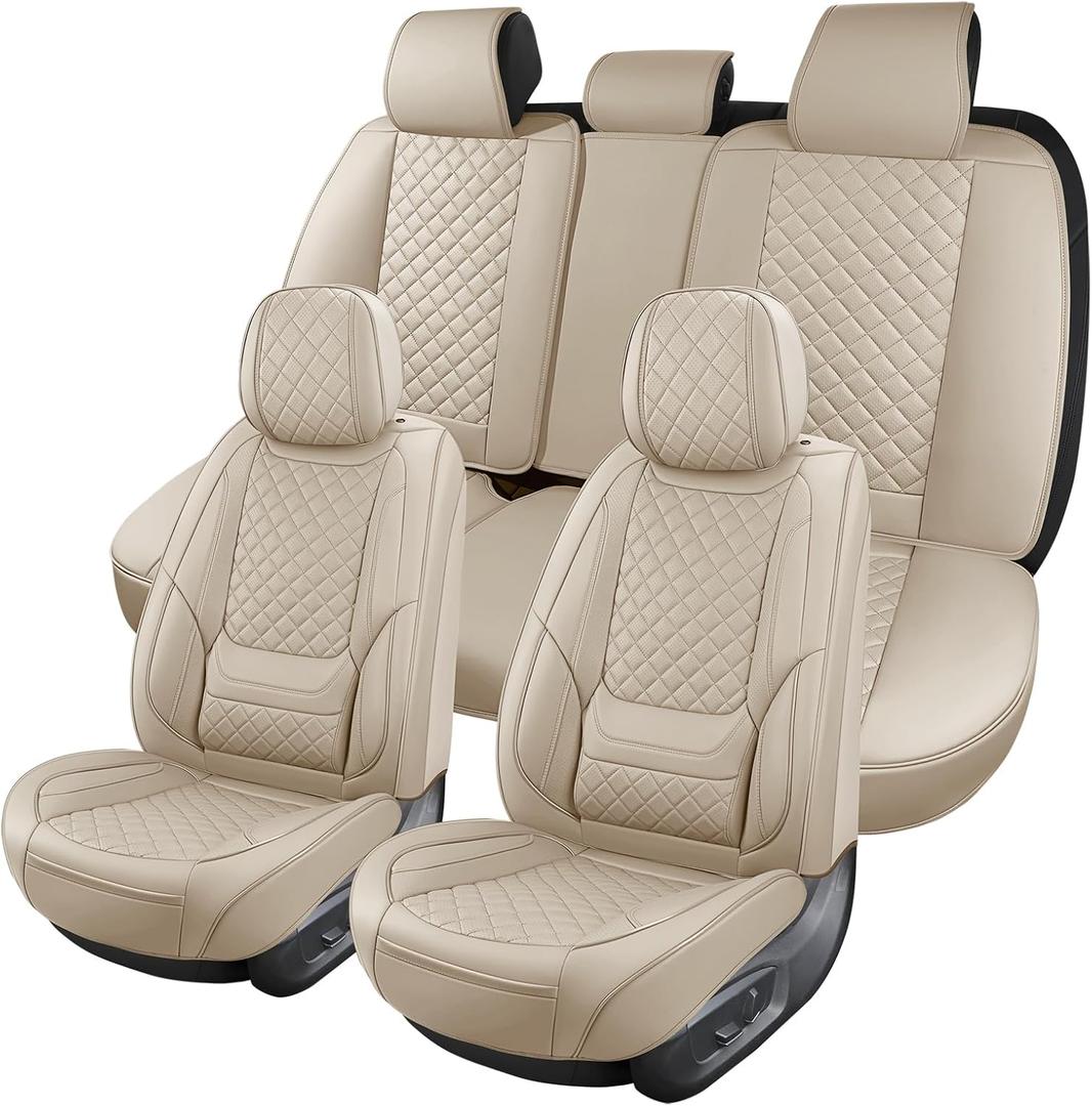 Leather Car Seat Covers Full Set Breathable Automotive Seat Covers Waterproof Seat Protectors Universal Fit for Most Automotive Cars SUV Trucks Van (Beige, Full Set)