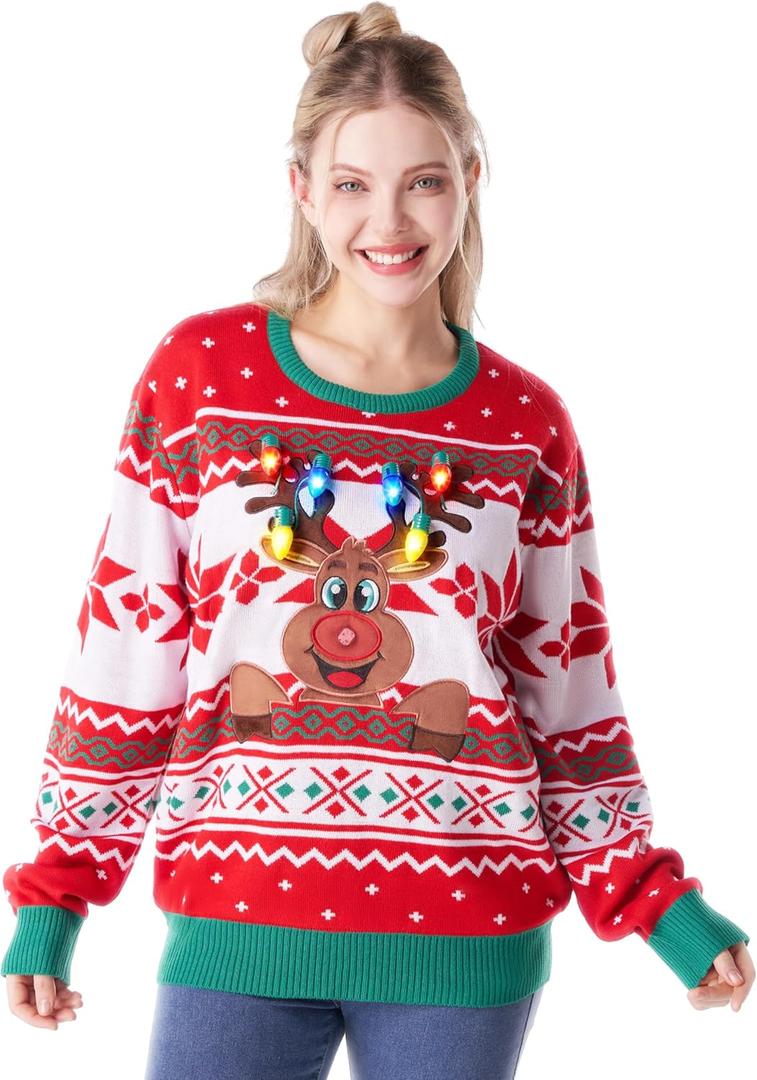 Giggling Getup Ugly Christmas Sweater for Women, LED Light Up Christmas Reindeer Ugly Sweater, Holiday Pullover for Women Red
