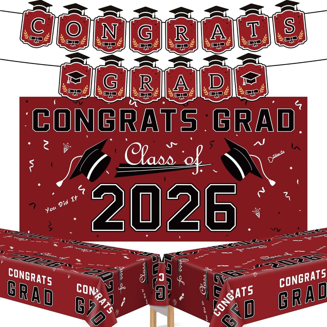 Graduation Decorations 2026 2027 - Maroon Congrats Grad Banner Backdrop Tablecloth Set - Graduation Decorations Class of 2026 | Graduation Party Favors Supplies