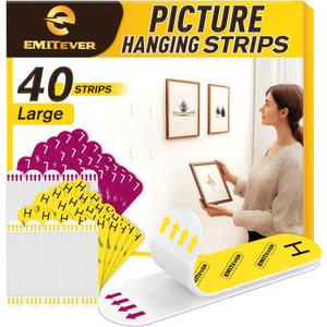 EMITEVER Picture Hanging Strips Heavy Duty, Damage Free Picture Hangers for Walls, Hanging Hooks Kit Without Nails, Large Adhesive Wall Strip for Poster Sticky 20-Pairs (40 Strips)