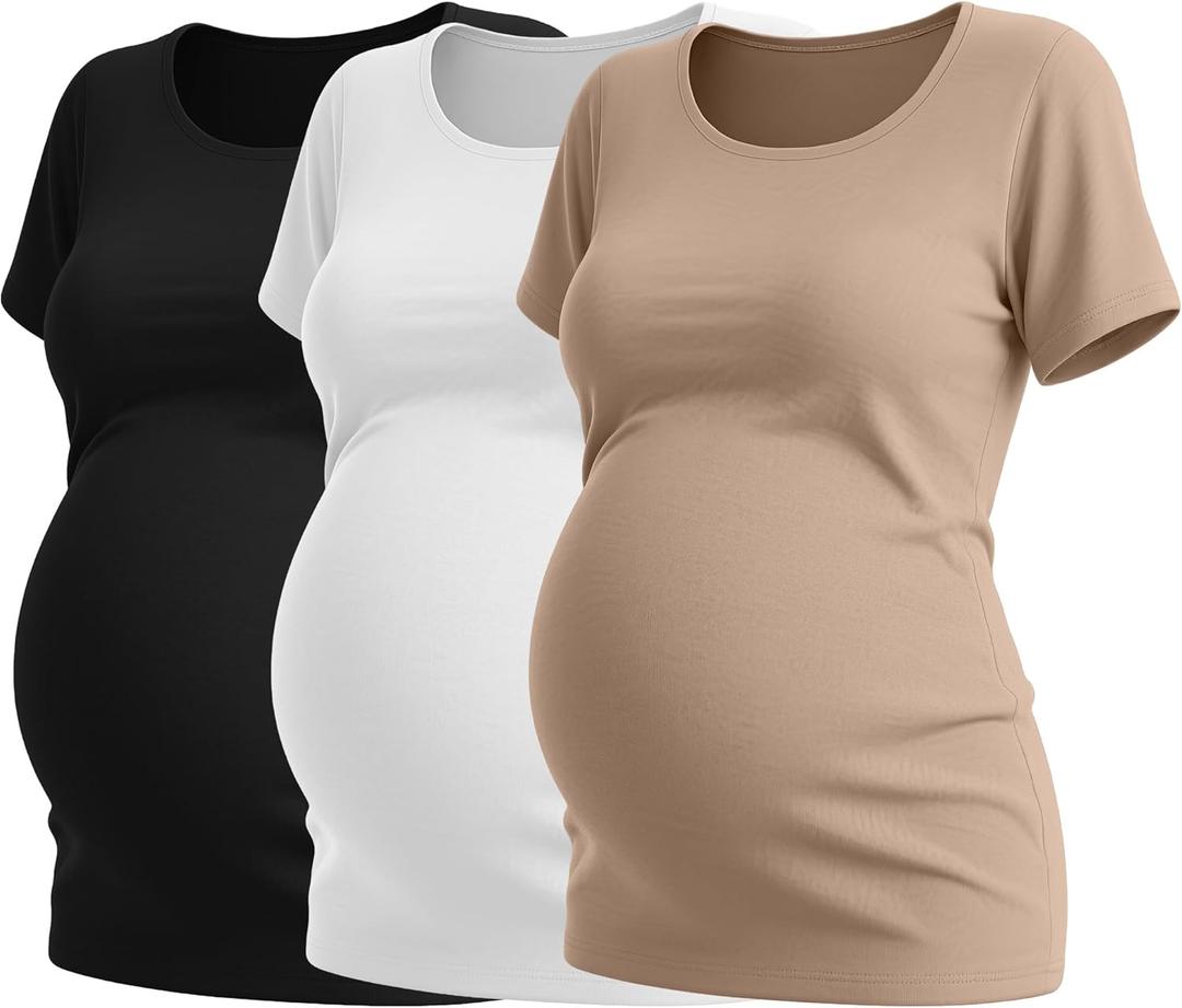 Neer 3 Pack Women's Maternity Shirts Short Sleeve Pregnancy Tee Tops Soft Crew Neck Mama Clothes Basic Tunic Blouse (Large, Khaki, White, Black) XXL
