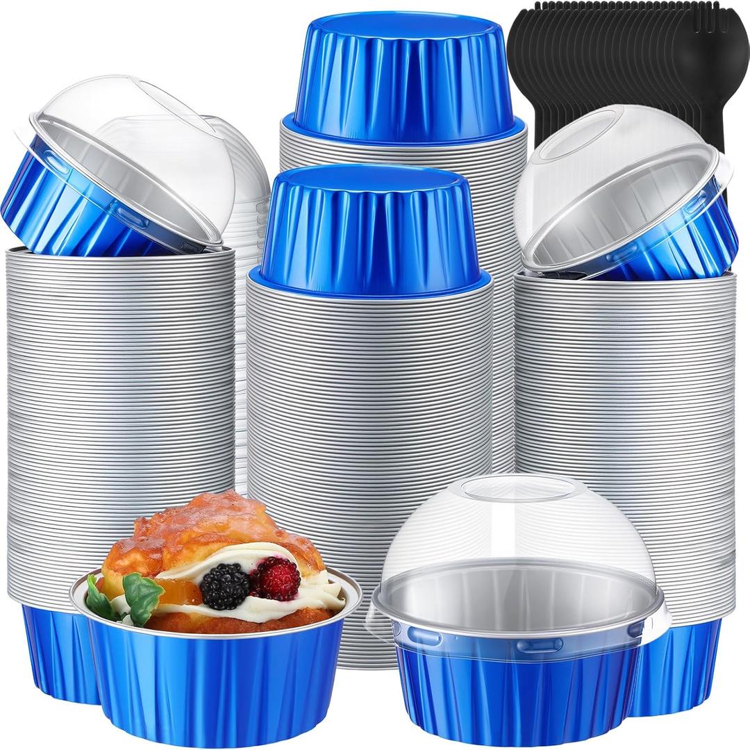 200 Pcs 5 oz Cupcake Liners Mini Aluminum Cake Pans Foil Baking Cups Loaf Pans with Dome Lids and Spoons Disposable Ramekins for Party Christmas Graduation Wedding Birthday(Blue)