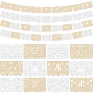 Tiamon 4 Pack 65 Feet Mexican Party Decoration Cielito Lindo Fiesta Plastic Papel Picado Garland White Cream Cinco de Mayo Baby Shower Banner for Indoor Outdoor Day of the Dead Party Decor Supplies