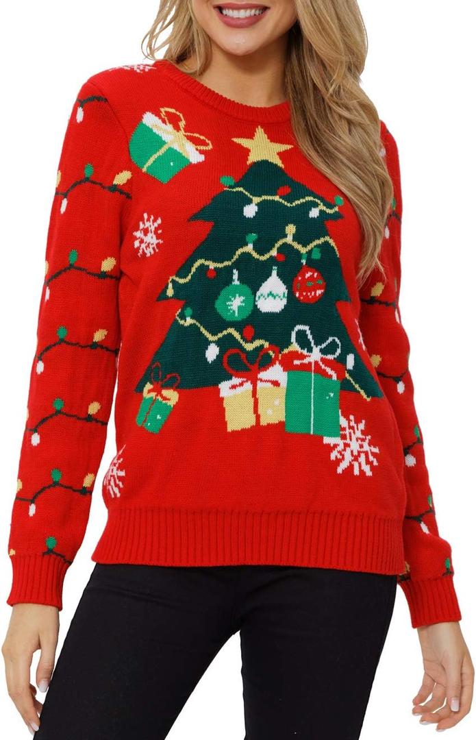 VENTELAN Women's Christmas Sweater Funny Christmas Tree Ugly Pullover Snowflake Long Sleeve Sweater Shirt (Red, S)