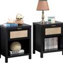 SICOTAS Rattan Night Stands Set of 2, Farmhouse Nightstand Bedside Table with Drawer and Storage Shelf, Boho End Side Table for Bedroom, Small Space, Black Oak