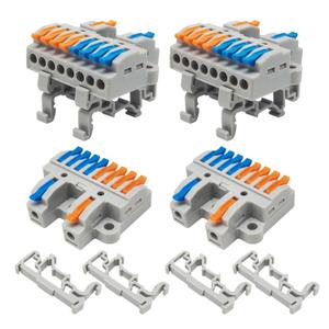 4PCS DIN Rail Terminal Blocks with 8PCS Removable Rail Clip Quick Wiring Cable Connectors Push-in Conductor Terminal Block (2 in 8 Out)