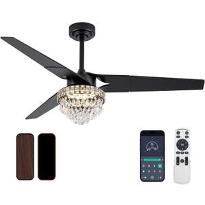 Chandelier Ceiling Fans With Lights And Remote, Chandelier Fan Ceiling,Crystal Ceiling Fan Fandelier With Lights,6 Speed 3 Timer Quiet Ceiling With Fans For Living Room Bedroom (Black, 52 In'ch)
