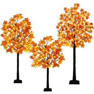 Krissing 3 Pack Light Up Fall Tree, 4Ft, 5Ft, 6Ft Artificial Lighted Fall Maple Tree with Lights Fake Autumn Maple Tree for Fall Home Indoor Outdoor Thanksgiving Fall Decor (Orange)