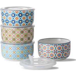 Chubacoo Ceramic Bowls Set with Lid: Microwave Safe Soup Containers for Meal Prep, Cereal, Salad, Picnic, Camping, Office Lunch, Kitchen Food Storage  5 Inch, 20 oz, 4 PCS, Design C