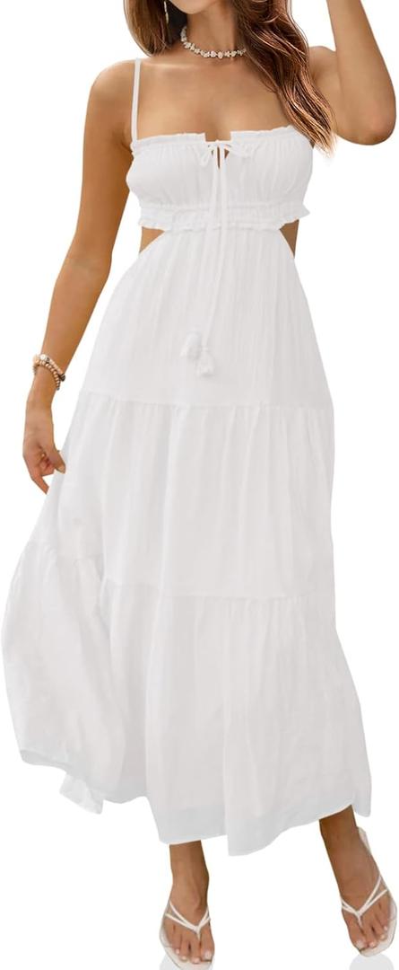 Fisoew Women's Spaghetti Strap Maxi Dress Summer Sleeveless Side Cut Out Dress Casual Boho Backless Flowy Long Dresses (White)