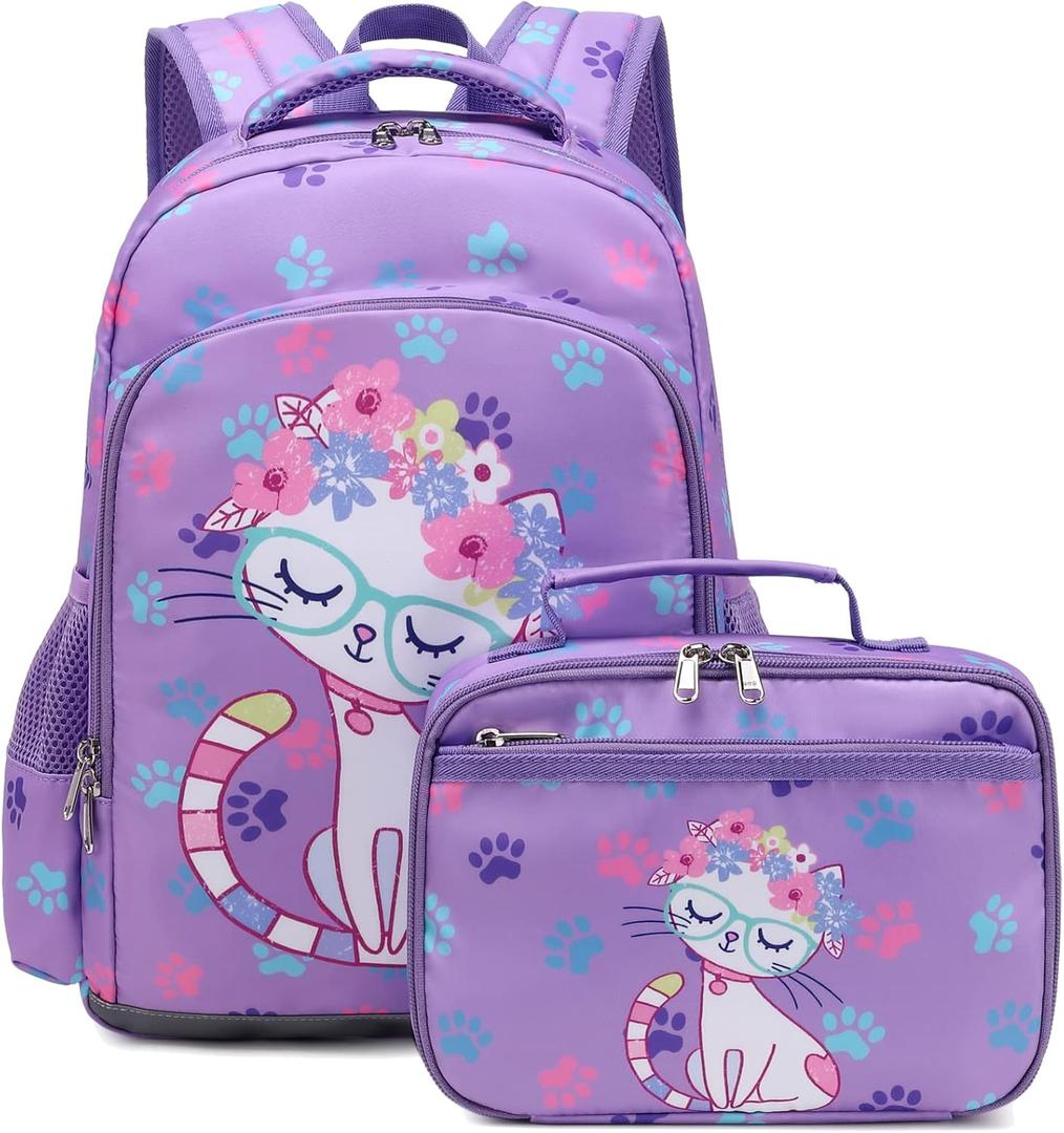 Octsky Backpack for Girls Kids School Backpacks with Lunch Box Preschool Kindergarten BookBag Set With Chest Strap Cat Purple