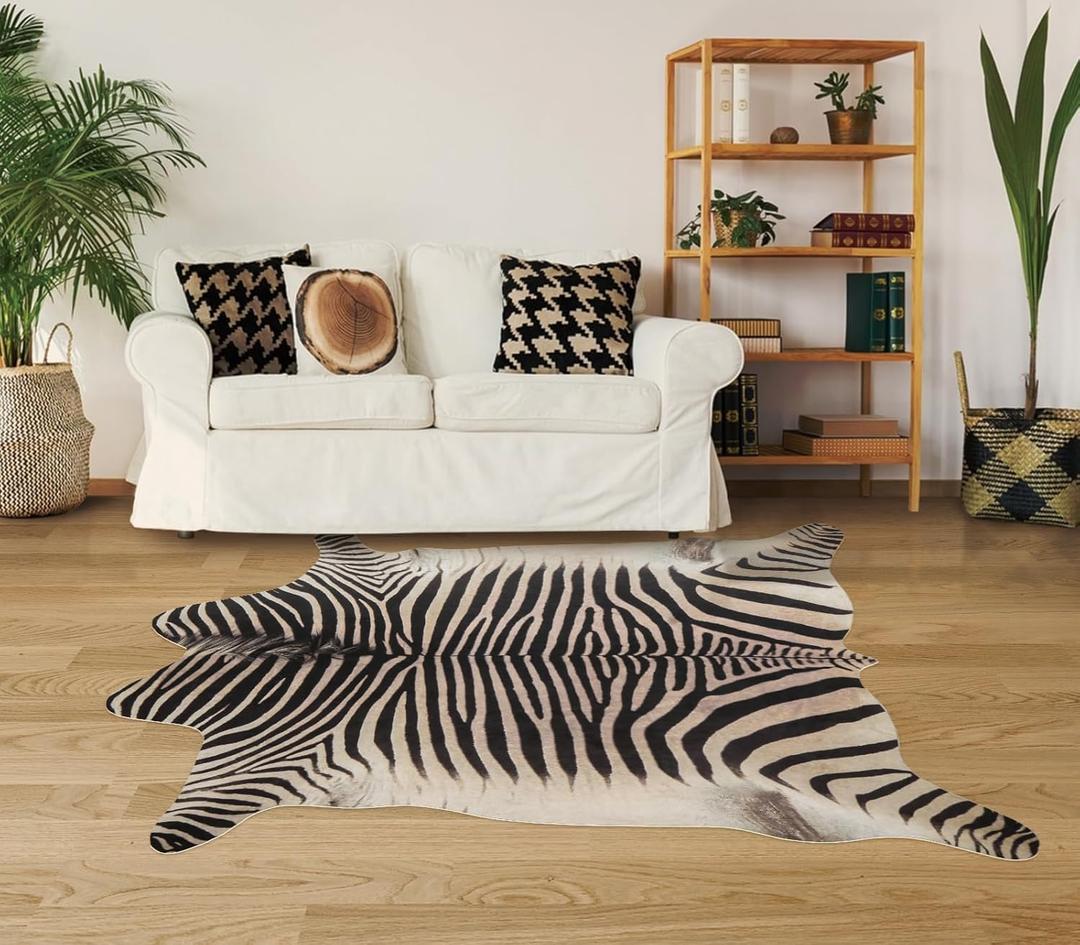 Zebra Print Rug 5.2x4.6 ft - Funky Area Rug for Living Room & Bedroom, Non-Slip Durable Faux Cowhide (Small-5.2x4.6 ft (62x55 in), Yellow Zebra)