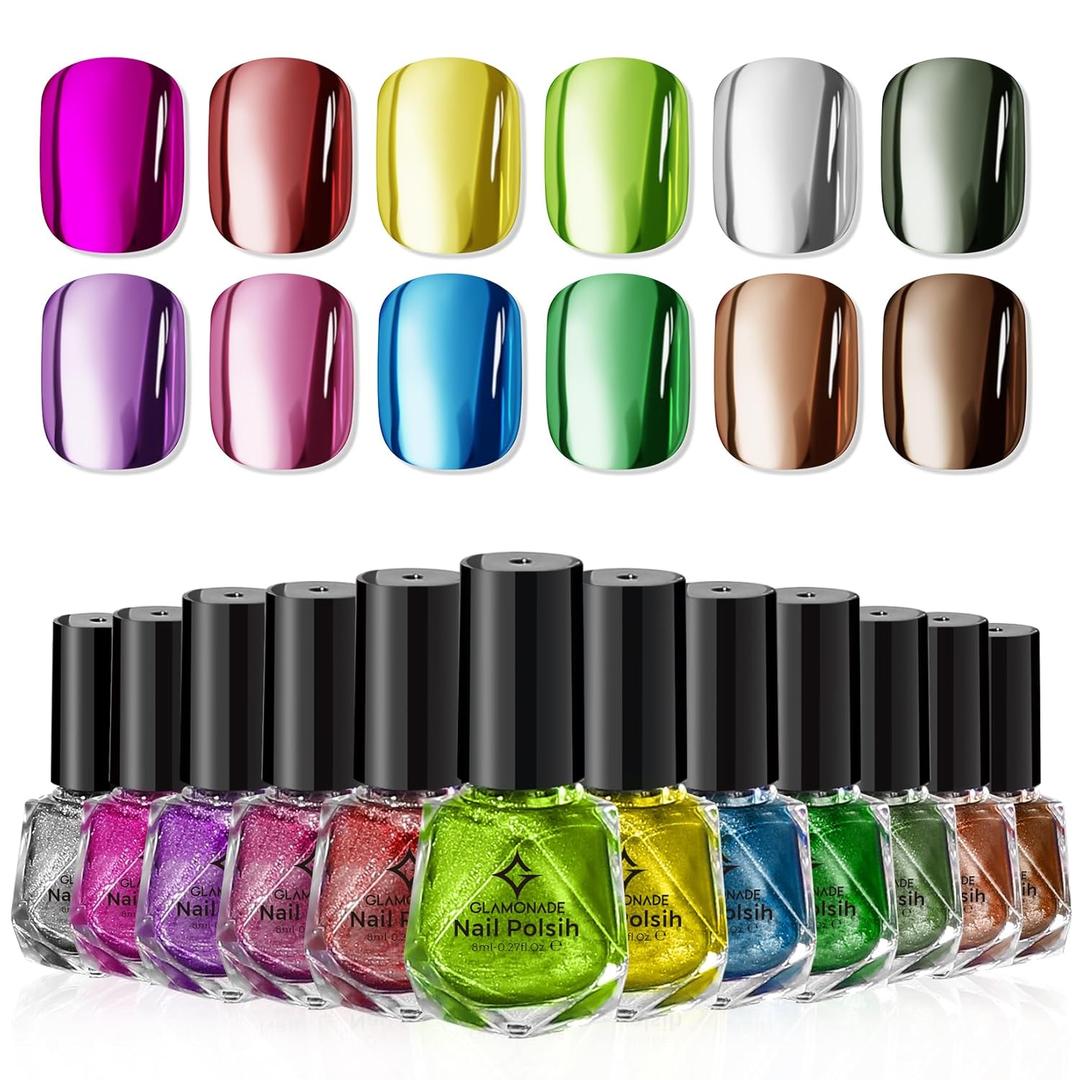 Glamonade Metallic Nail Polish Set Fingernail: Chrome Mirror Holographic Nail Polish Kit Quick Air Dry 12 Colors Pack Regular Mini Nail Polish Finger Toe DIY Art Salon Gift for Women Party