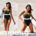 AI'MAGE Women's One Piece Swimsuit Color Block Bathing Suit Square Neck Swim Suits Vintage Retro Swimwear L