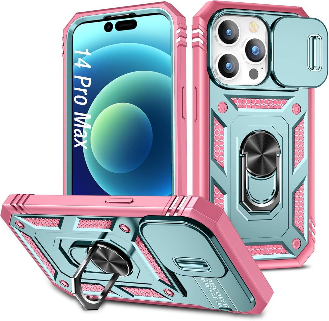 Case for iPhone 14 Pro Max, Shockproof Impact Resistant with Slide Lens Protective Cover Case for iPhone 14 Pro Max 6.7 inch (Pink Green)