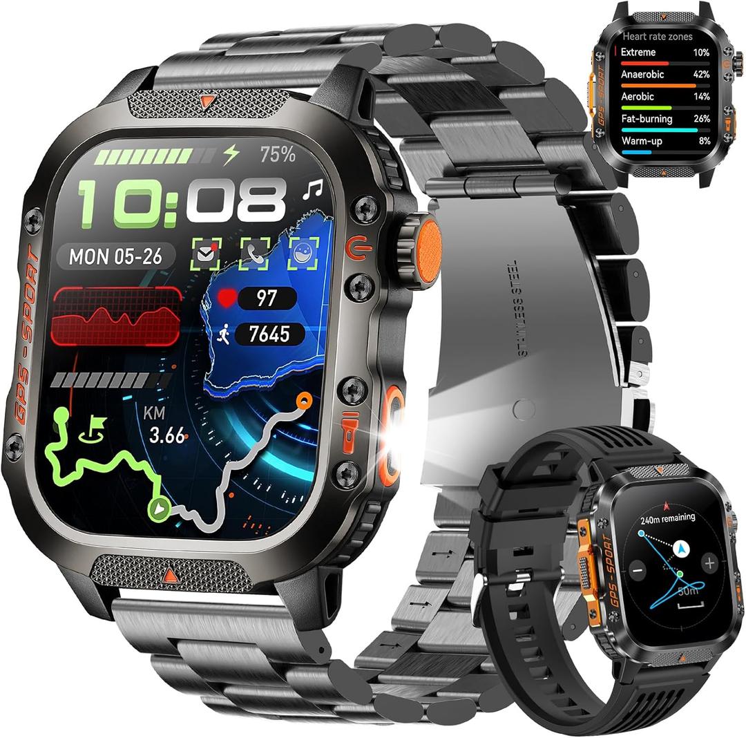 GPS Smart Watch for Men (Answer/Make Calls), 2.01'' Military Rugged Smartwatches for Android iPhone Fitness Tracker with Compass/10 Days Battery/Heart Rate/Sleep/100+ Sport Modes(2 Straps)