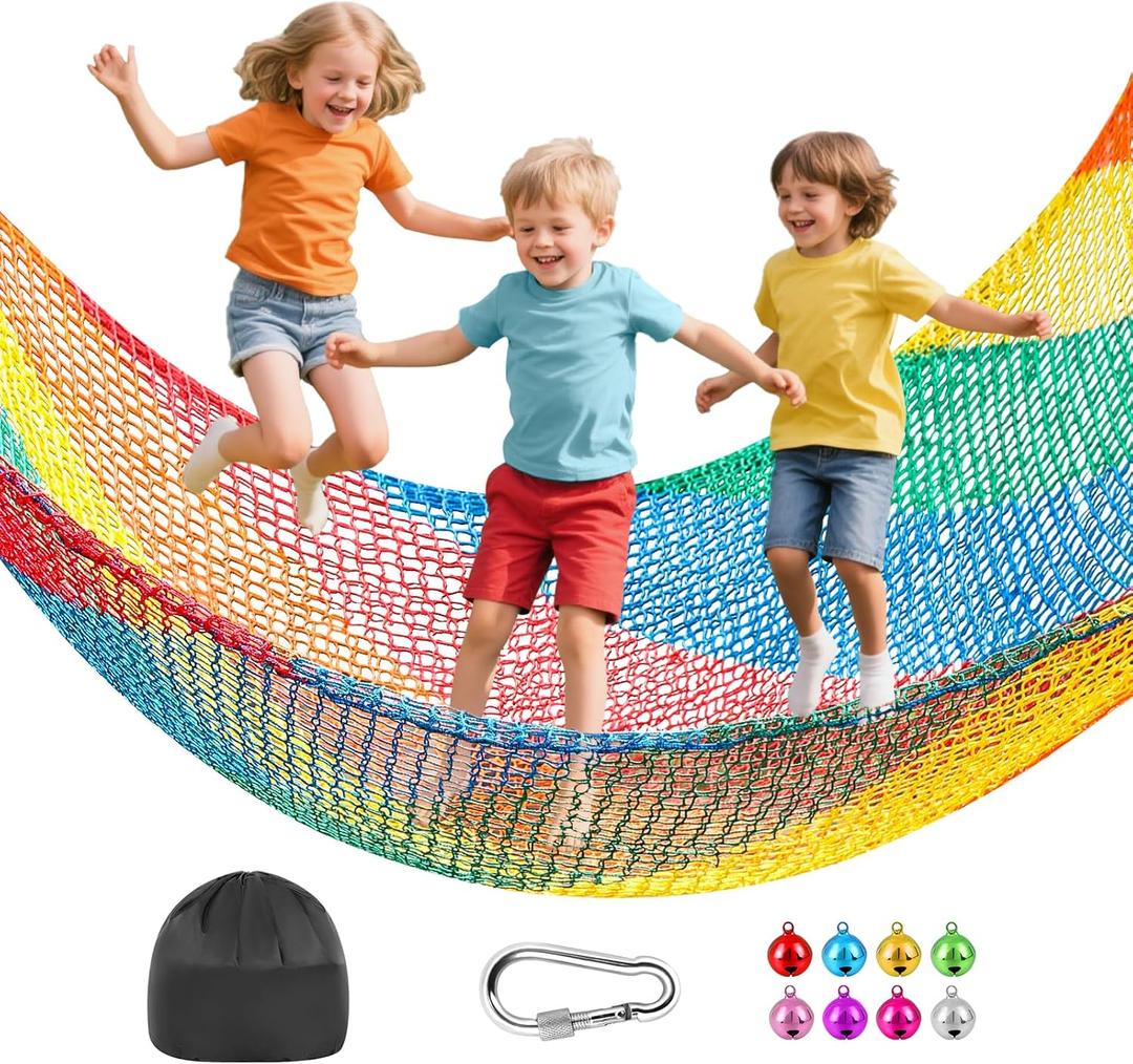 TOPNEW Double Layers Climbing Cargo Net - 9.9FT x 14.8FT Heavy Duty Playground Safety Net for Kids Backyard, Tree Fort & Jungle Gyms | Treehouse Accessories with Storage Bag & Carabiners(Coloured) (Multicolor)