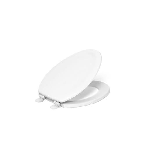 KOHLER K-4647-0 Stonewood Elongated Toilet Seat, Wooden Toilet Seat, White, Fits most elongated toilets, Includes color-matched plastic hinges