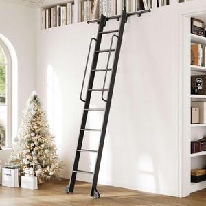 9FT Aluminum Rolling Library Ladder with 4FT Sliding Hardware Kit,Telescopic Hook Track with Brake Wheel,8 Steps with Handrail,450lbs Capacity,Black,Easy Assembly,for Loft Bookcase Attic Home