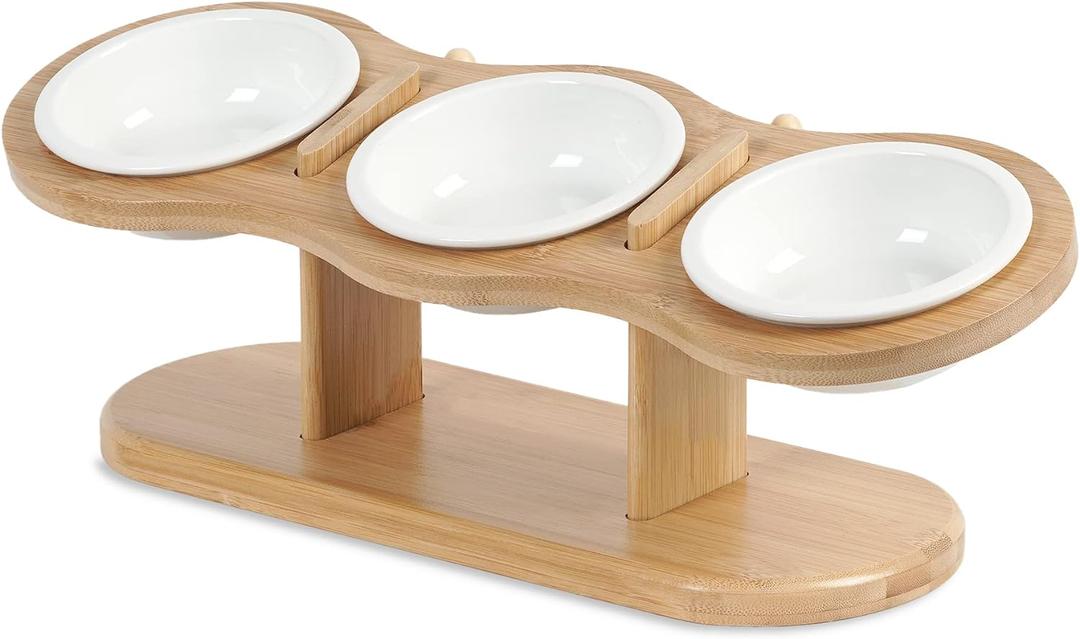 Elevated Cat Bowls, 2 Heights Adjustable Raised Dog Bowl Stand, 3 Ceramic Bowls for Cats and Small Dogs, 15 Tilted