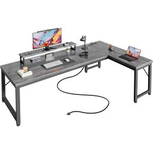 PRAISUN 53" L Shaped Computer Desk, Power Outlets, Monitor Stand, Grey