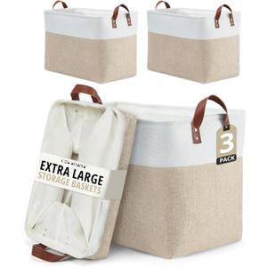 DECOMOMO Extra Large Storage Baskets, Fabric Storage Bins with Handles for Organizing Shelves, Toys, Nursery, Laundry (Beige & White, 3pcs) (XXL - 3 Pack)
