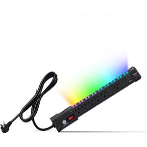 4200J Expandable RGB Power Strips with PC Surge Protection PD 20W Fast Charging Station for 1USBC&1USBA Ports 6 Outlets Desk Gaming Room Power Strip Multiple Devices Home Offices Extension Cord Black