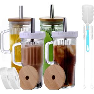 24oz Ribbed Glass Tumbler With Handle,4Pack Glass Cup with Lids and Straws,Reusable Glass Iced Coffee Cups With lids,Mason Jar Cup&Drinking Glasses for Smoothie,Shake,Juice,Soda Water,Tea,Travel Cup