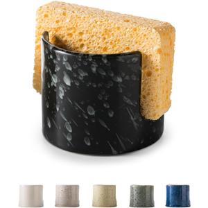 Sponge Holder for Kitchen, Ceramic Sink Caddy Scrub Sponge Rack Dish Rack Scrubbers Holder for Kitchen Sink, Bathroom, Black (Cylindrical)
